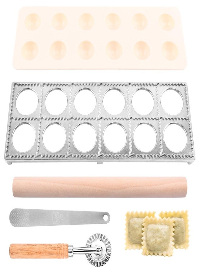 Kryslanix Ravioli Press Mold Set, 12 Holes Ravioli Maker Press,1 x Pasta Cutter Stamp Maker, 1xWood Rolling Pin Pasta Making Tools,1x Filling Spoon,for Ravioli, Dumpling,Hand Pie - Image 1