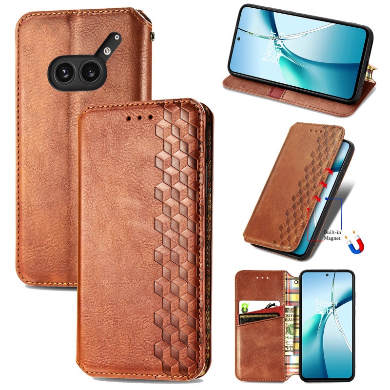 HuHa Case Cover For Nothing Phone 2a Plus Cubic Grid Pressed Magnetic Leather Phone Case(Brown) - Image 1