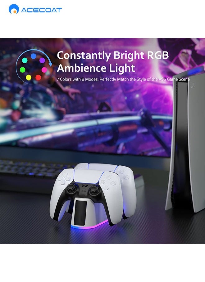PS5 Game Controller Charger Station with Adjustable RGB Light, 3H Fast Charging Dock for Playstation 5 Controller, LED Indicator，Click-in Design, Safe Intelligent Protection for PS5 Controller