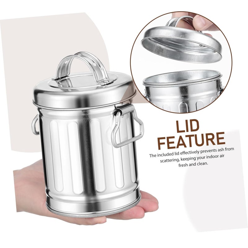 صينية رماد فولاذية مجلفنة صغيرة مع غطاء، سلة مهملات مكتبية للاستخدام المنزلي - Image 3