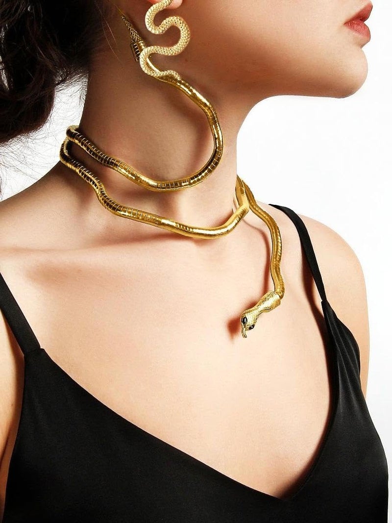 Excefore Medusa Jewelry Set 14K Gold Plated, Snake Ear Cuff & Necklace with Matching Earrings | Greek Goddess Costume Accessories, Elegant Mythical Serpent Design for Women's Gift - Image 3