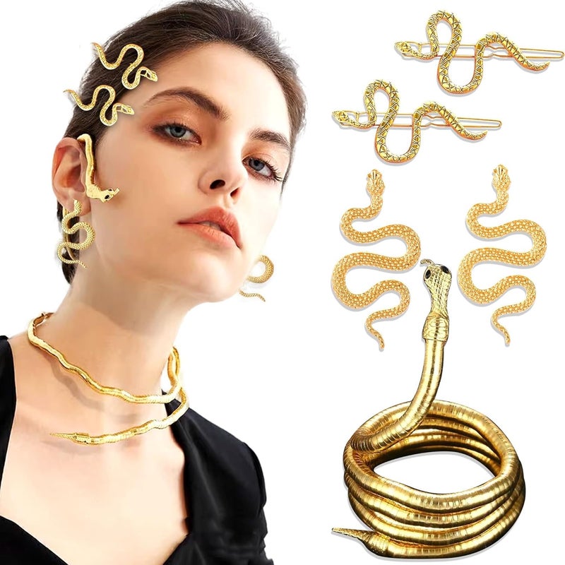 Excefore Medusa Jewelry Set 14K Gold Plated, Snake Ear Cuff & Necklace with Matching Earrings | Greek Goddess Costume Accessories, Elegant Mythical Serpent Design for Women's Gift - Image 1