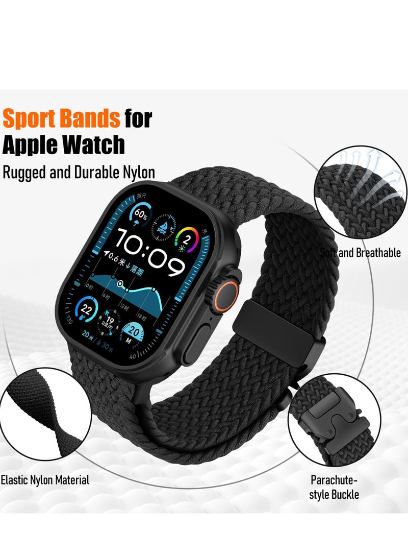 سزوكست حزام نايلون مضفر مرن متوافق مع Apple Watch أحجام 42-49 مم بمشبك مظلة آمن ومريح للرجال والنساء مناسب للاستخدام اليومي والسفر والهدايا لجميع إصدارات iWatch بما في ذلك Ultra وSeries 3 إلى 11 باللون الأسود - Image 2