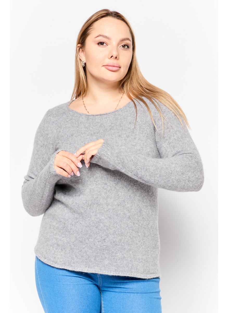 HUGO BOSS Women Round Neck Textured Sweater, Grey  - Image 1