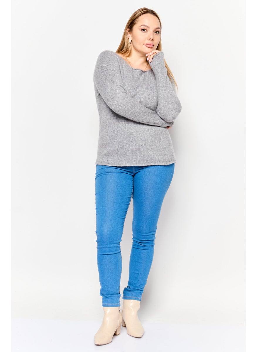 HUGO BOSS Women Round Neck Textured Sweater, Grey  - Image 2