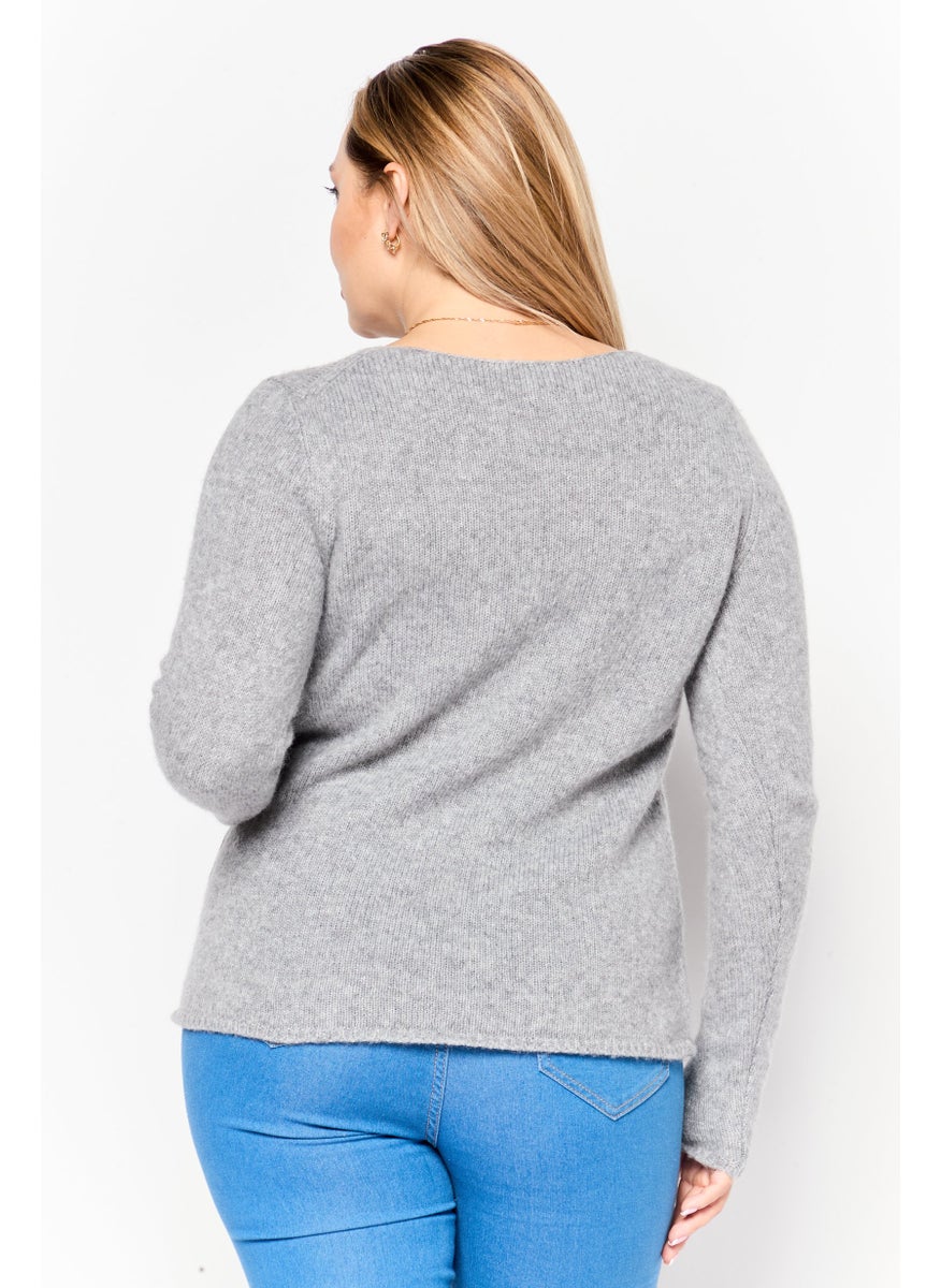 HUGO BOSS Women Round Neck Textured Sweater, Grey  - Image 4