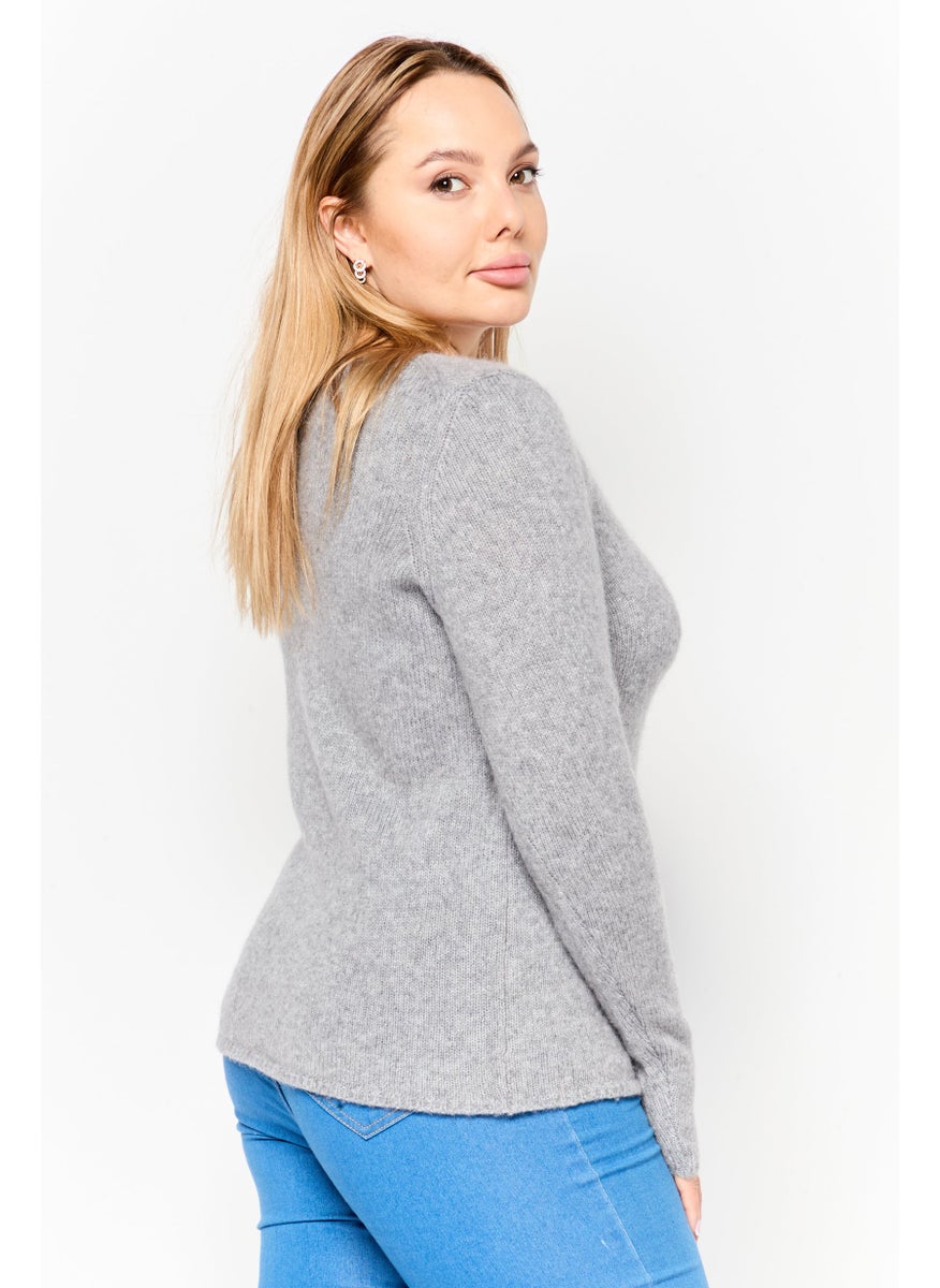 HUGO BOSS Women Round Neck Textured Sweater, Grey  - Image 3
