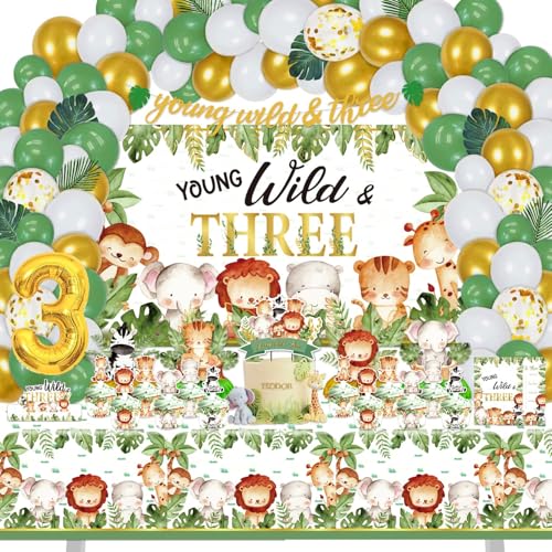 Mpanwen Young Wild and Three Birthday Decorations for Boys Girls 157 Pcs Jungle Safari Theme Party supplies for Baby Young Wild Three Backdrop Cake Cupcake Toppers Cupcakes Wrappers Balloons - Image 1