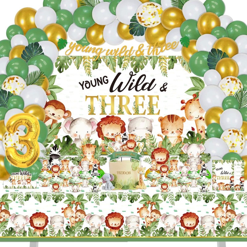 Mpanwen Young Wild and Three Birthday Decorations for Boys Girls 157 Pcs Jungle Safari Theme Party supplies for Baby Young Wild Three Backdrop Cake Cupcake Toppers Cupcakes Wrappers Balloons - Image 2