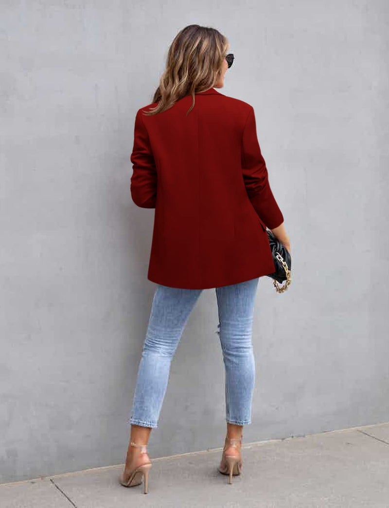 CRAZY GRID Womens Casual Blazer Long Sleeve Business Suit Jacket Button Work Office Blazer Jacket Trendy Dressy Ladies Blazer Purplish Red Size Large - Image 3