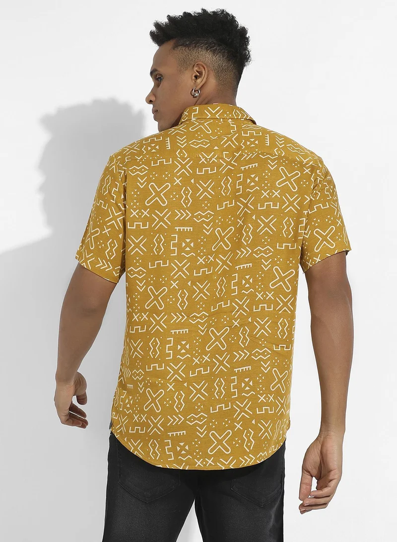 Campus Sutra Men's Mustard Yellow Minimal Aztec Shirt