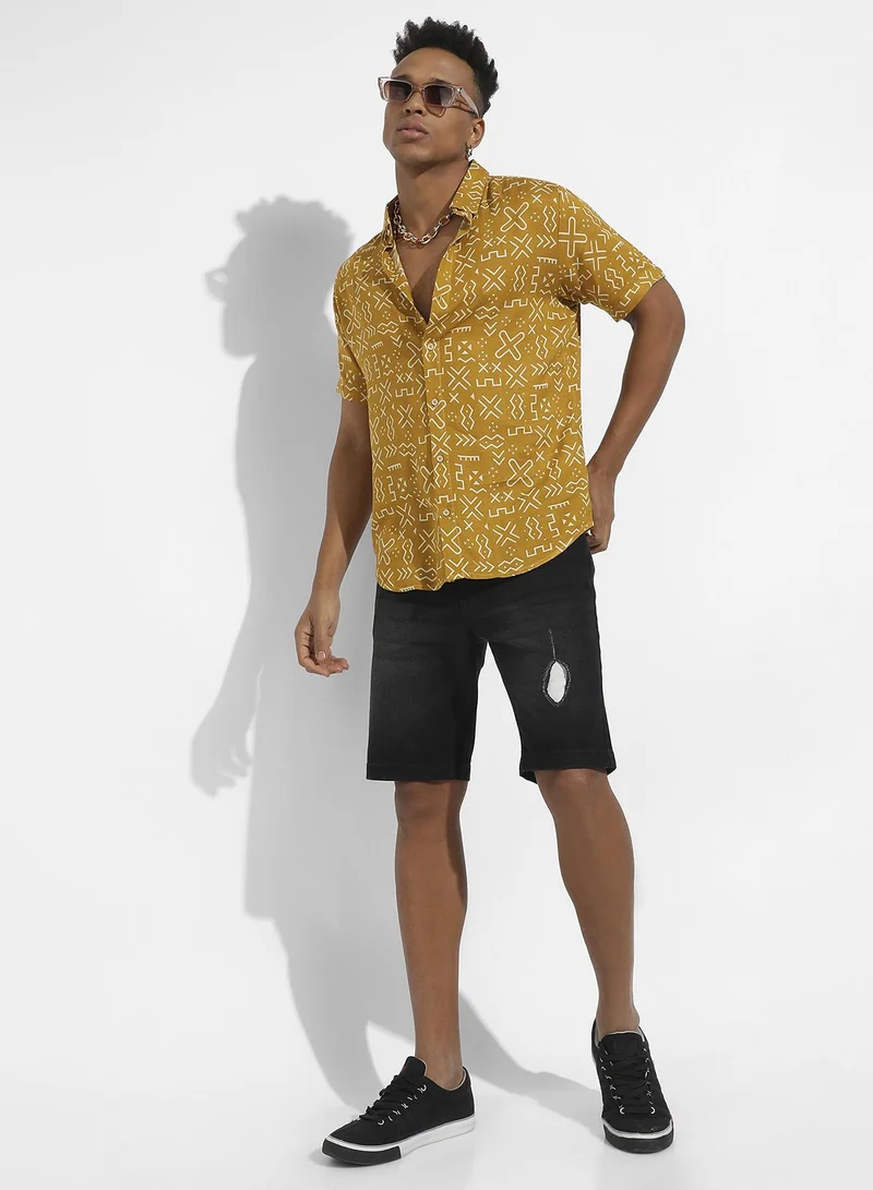 Campus Sutra Men's Mustard Yellow Minimal Aztec Shirt