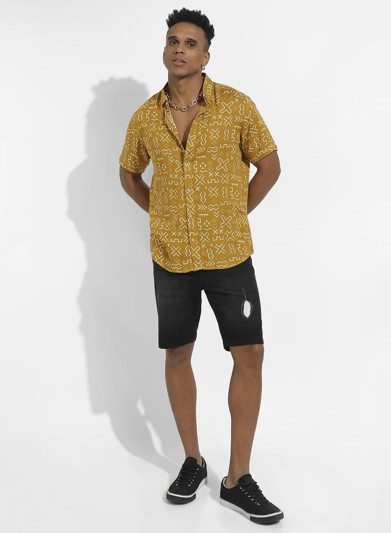 Campus Sutra Men's Mustard Yellow Minimal Aztec Shirt