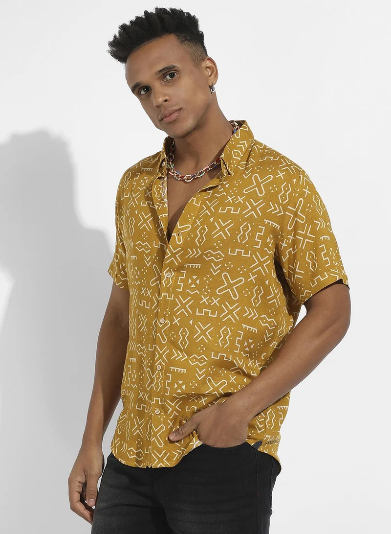 Campus Sutra Men's Mustard Yellow Minimal Aztec Shirt