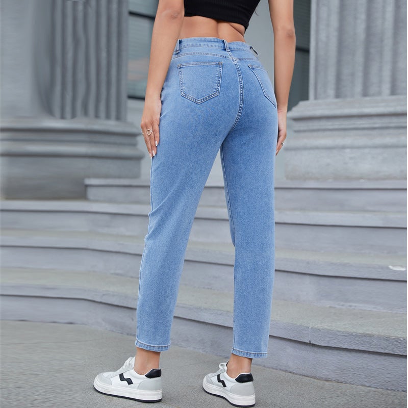 High-Waisted Stretch Light-Colored Small Straight Jeans For Spring & Fall New Versatile Casual Washed Plus Fat Plus Size Pants - Image 4