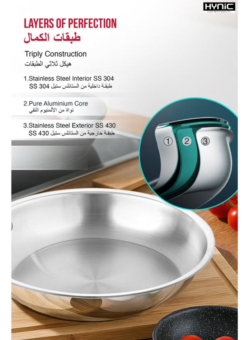 Hynic Tri-Ply Stainless Steel Frypan/Wok Pan, 24cm - Induction & Gas Stove Compatible, Durable Cookware with Ergonomic Handle, Measuring Scale Interior - Image 2