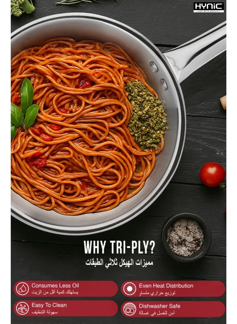 Hynic Tri-Ply Stainless Steel Frypan/Wok Pan, 24cm - Induction & Gas Stove Compatible, Durable Cookware with Ergonomic Handle, Measuring Scale Interior - Image 3