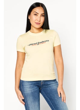 Women Crew Neck Short Sleeve Brand Logo T-Shirts, Yellow