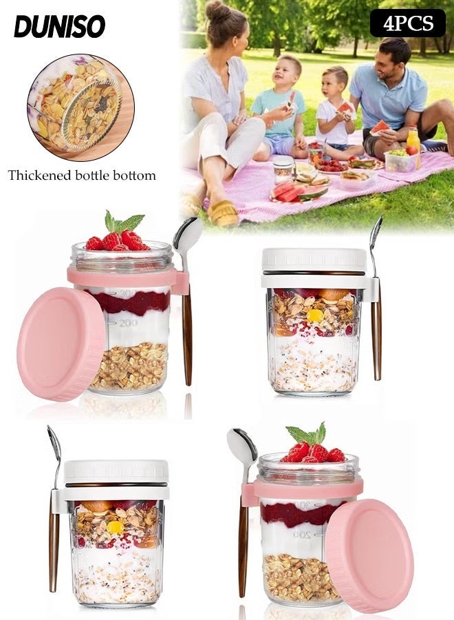 DUNISO 4 Pack 350ml Glass Jars with Airtight Lids and Spoon ,Overnight Oats Containers with Measurement Marks，Reusable Glass Jars for Kitchen， Suitable for Cereal, Yogurt, Fruit Salad - Image 1