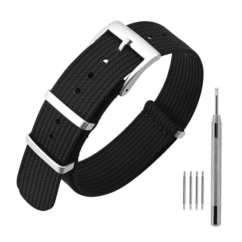 ANNEFIT Nylon Watch Band 16mm OnePiece Waterproof Military Watch Straps with Heavy Silver Buckle Black - Image 2