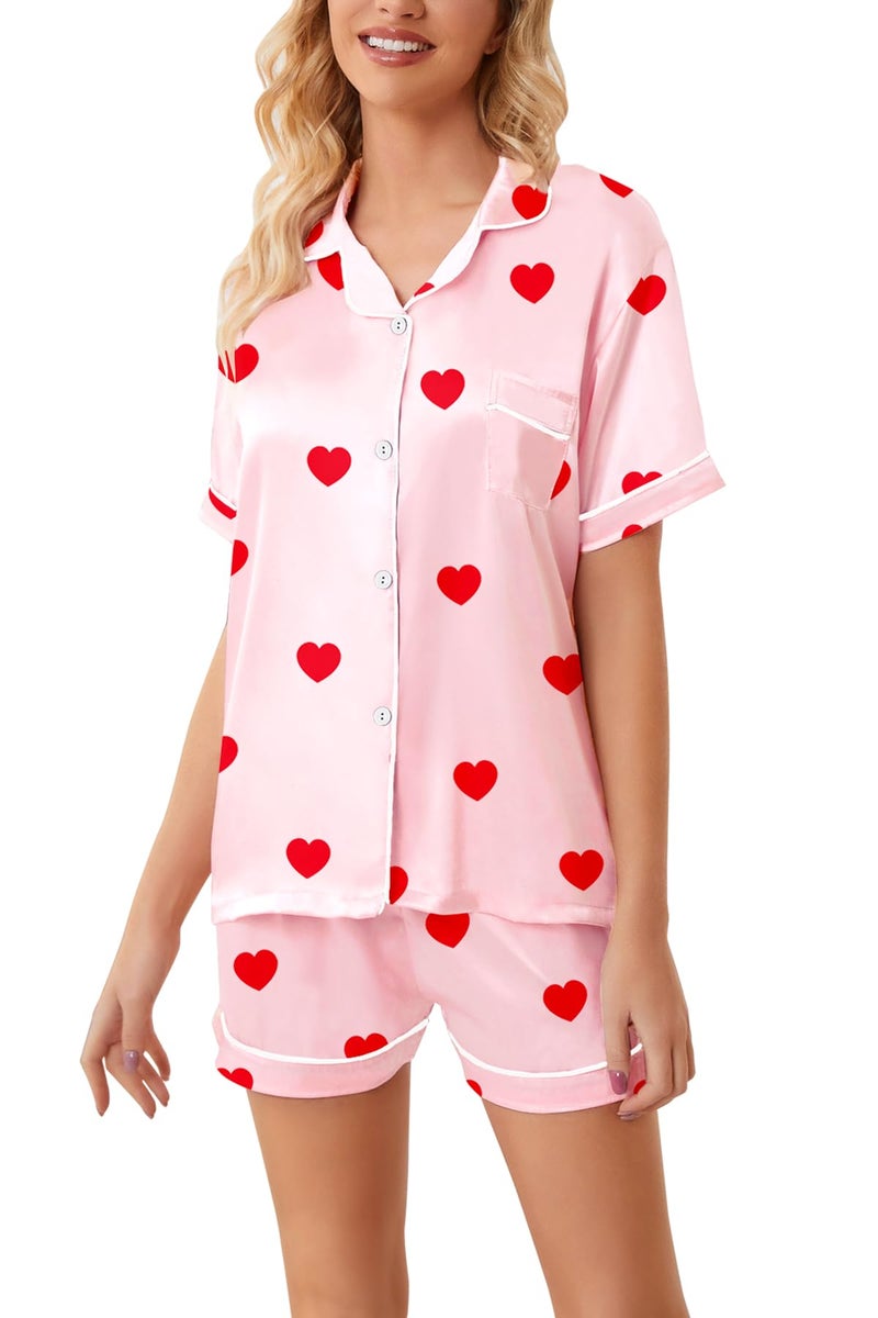 Schbbbta Satin Pajama Set for Girls Button-Down Silk Pajamas Sleepwear Loungewear, Red Heart Pink, 9-10 Years - Image 4