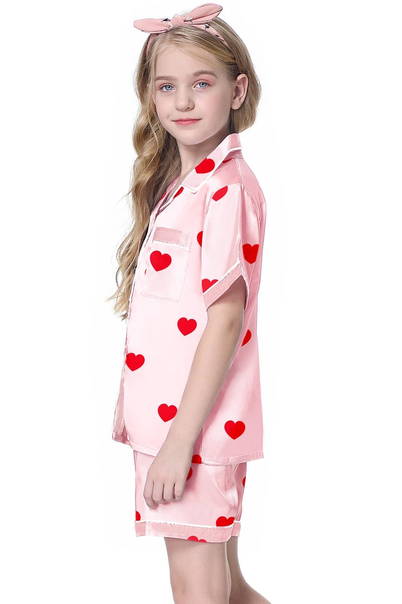 Schbbbta Satin Pajama Set for Girls Button-Down Silk Pajamas Sleepwear Loungewear, Red Heart Pink, 9-10 Years - Image 3
