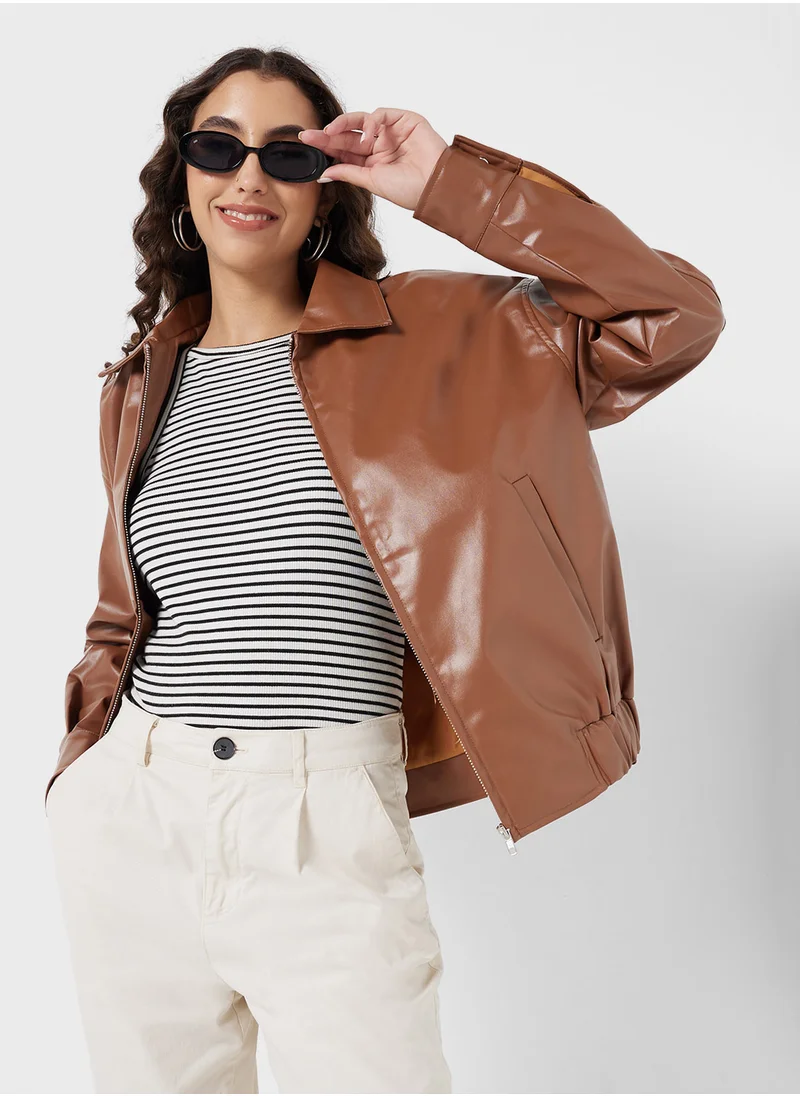 جينجر PU Leather Bomber Jacket