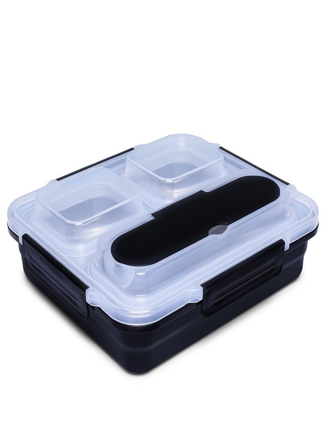 Celltone Fridge to Oven Microwave Safe Stainless Steel Reusable Food Storage Lunch Box with Leak-Proof and Airtight Lids (3 Partition Lunch Box, Black) - Image 1