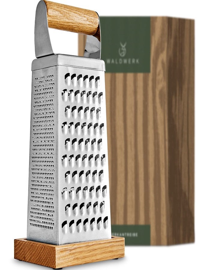WALDWERK Premium Grater with Etched Stainless Steel Blades - Grater for Kitchen with Oak Wood Base - Box Grater with 4 Sides for Parmesan Cheese, Vegetables, Carrots, or Potatoes - Cheese Grater - Image 1