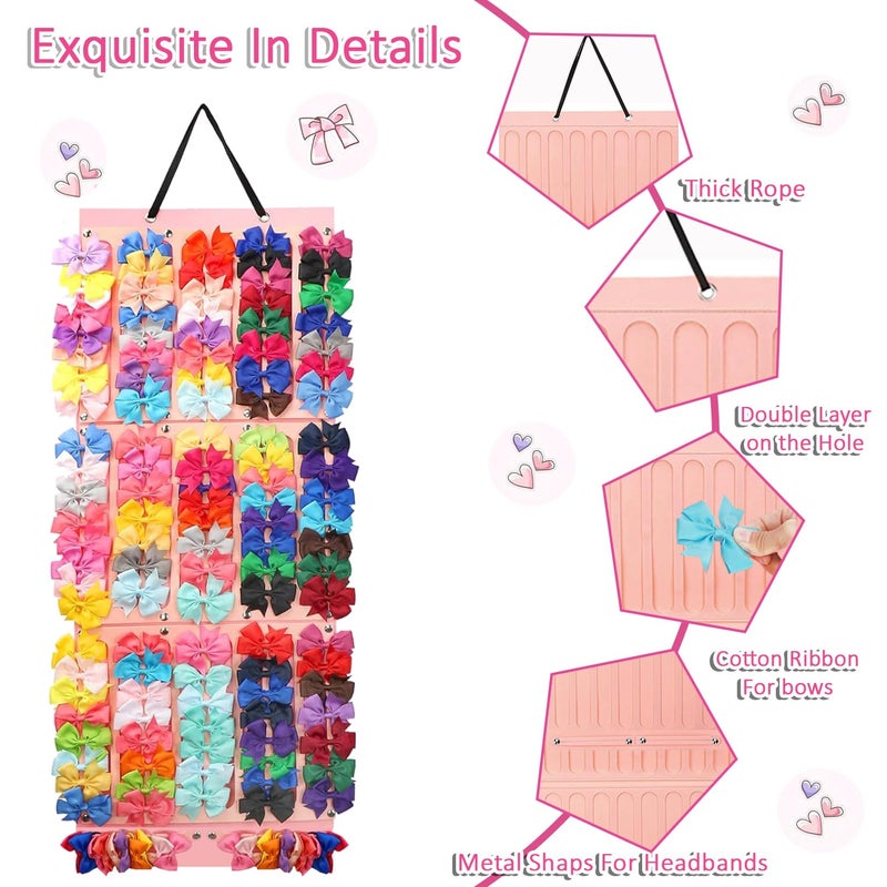 kapimo Hair Clip Bow Ties Organizer for Girls Kids, Hair Bow Holder Closet Wall Hanging Holder, Soft Felt Hairband Storage for Girls Baby Hair Accessories (3-Layered, Pink) - Image 5