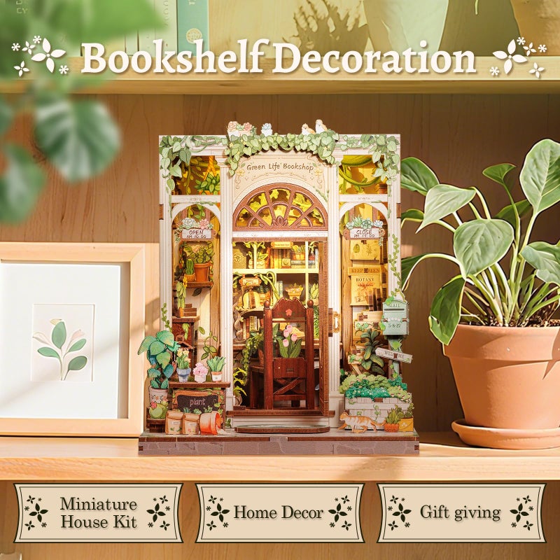 CUTEBEE Book Nook Kit - DIY Miniature House Dollhouse Kit for Adults and Teens, Booknook Tiny House Bookshelf 3D Wooden Puzzle, Gifts for Family (Green Life Bookshop) - Image 4