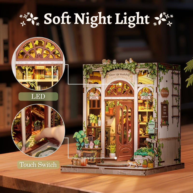 CUTEBEE Book Nook Kit - DIY Miniature House Dollhouse Kit for Adults and Teens, Booknook Tiny House Bookshelf 3D Wooden Puzzle, Gifts for Family (Green Life Bookshop) - Image 3
