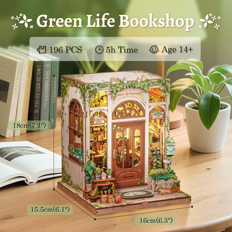CUTEBEE Book Nook Kit - DIY Miniature House Dollhouse Kit for Adults and Teens, Booknook Tiny House Bookshelf 3D Wooden Puzzle, Gifts for Family (Green Life Bookshop) - Image 2