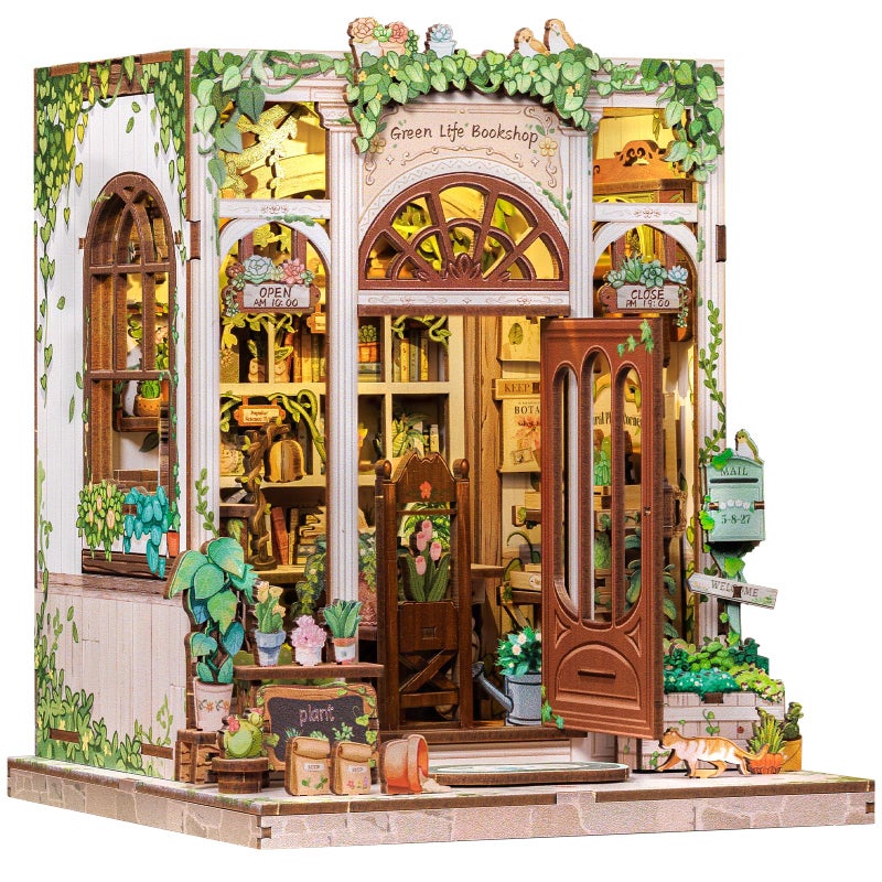 CUTEBEE Book Nook Kit - DIY Miniature House Dollhouse Kit for Adults and Teens, Booknook Tiny House Bookshelf 3D Wooden Puzzle, Gifts for Family (Green Life Bookshop) - Image 1