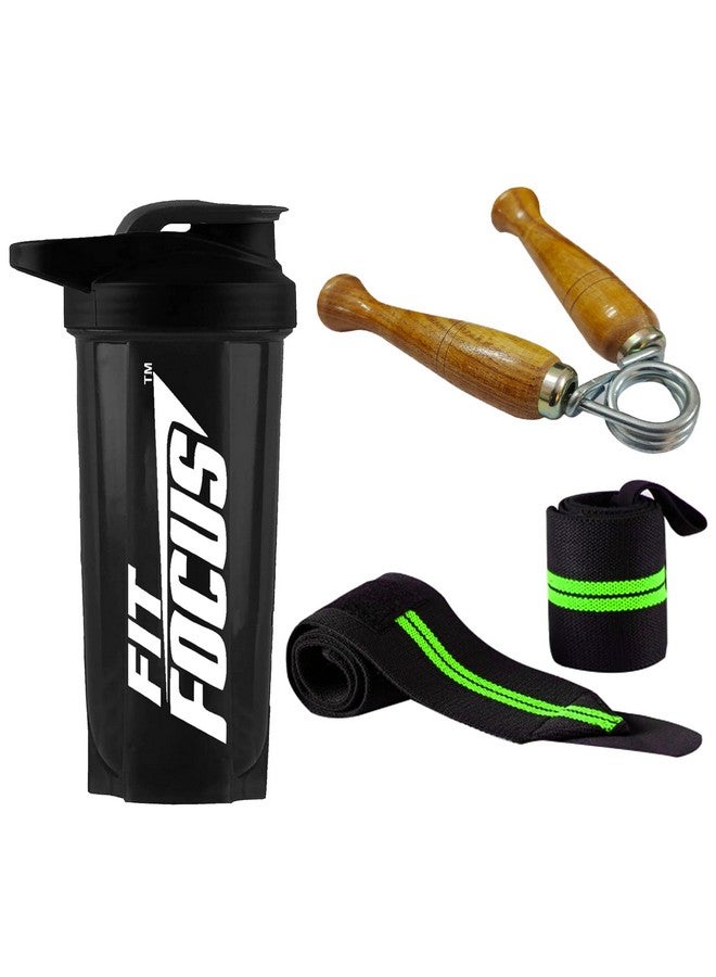 FIT FOCUS Gym Shaker Bottle for Protein Shake | Wrist Band | Gripper | Exerciser Gripper | Shaker with Gripper | 700ML Shaker | Wrist Support Band | Exercise Gripper for Fitness & Sports (Green) - Image 1