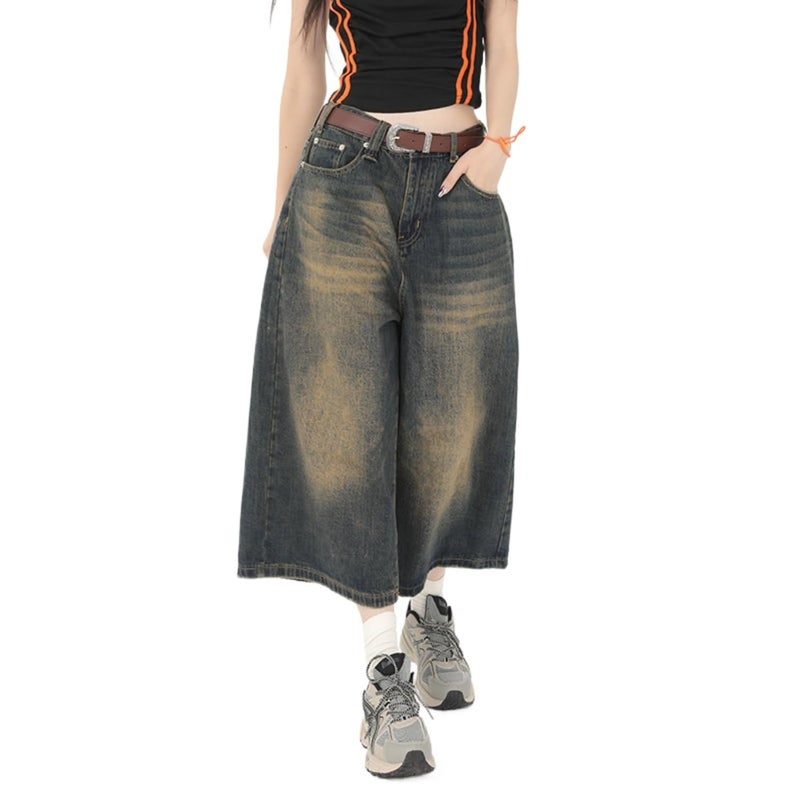 POHADON Women Y2k Baggy Jorts Vintage Wide Leg Long Jean Shorts Loose Fit Capri Denim Shorts Trendy Grunge Vintage Streetwear Vintage BrownS