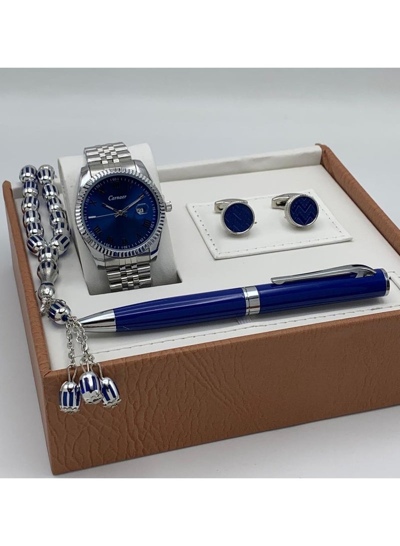 Men's set from Carnaer, consisting of fuor pieces: a watch, a pen, cufflinks, and a rosary.