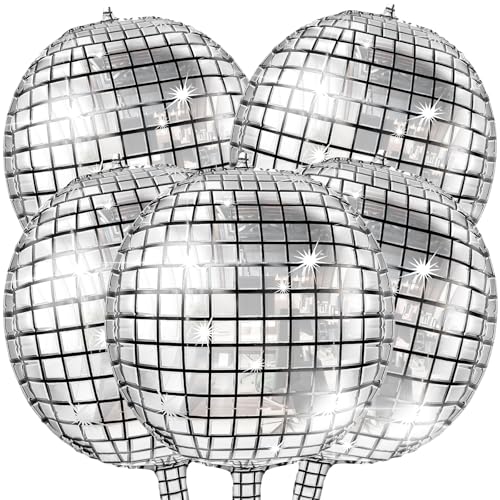 Skylety 5 Pcs Silver Disco Ball Balloons 22 Inches Big 4d Foil Large Laser Metallic Mirror Balloon for Disco 70s 80s 90s Dance Birthday Party Wedding Ceremony - Image 1