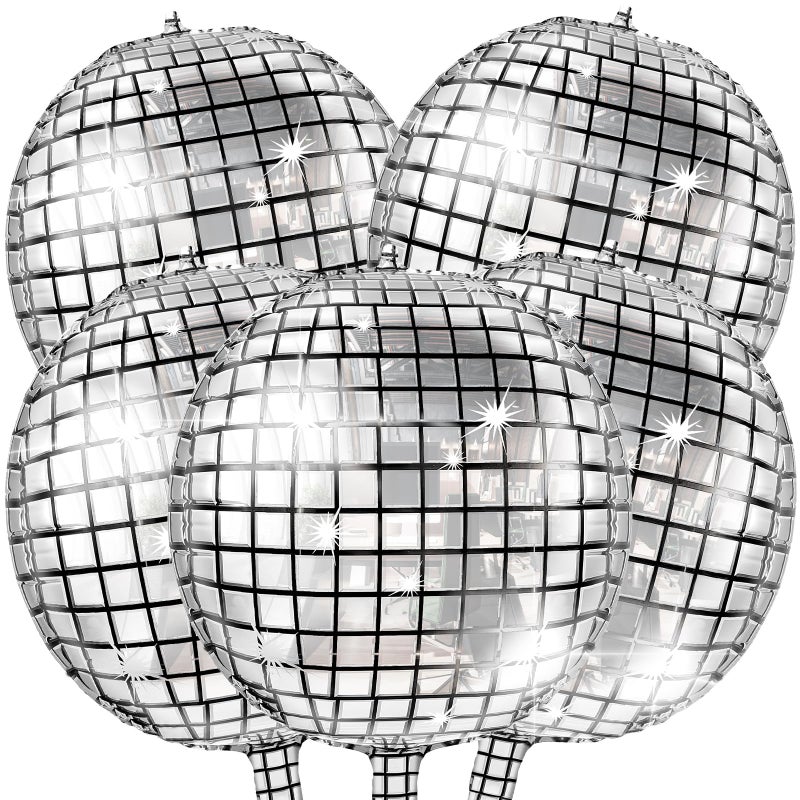 Skylety 5 Pcs Silver Disco Ball Balloons 22 Inches Big 4d Foil Large Laser Metallic Mirror Balloon for Disco 70s 80s 90s Dance Birthday Party Wedding Ceremony - Image 2