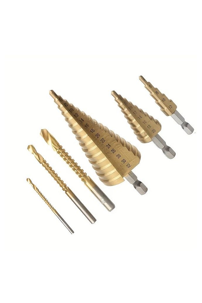 HOMESTAR 6Pcs Titanium Coated Drill Bit Set, Including 3 Sizes of Step Drill Bit and 3 Sizes of Serrated Twist Drill Bit for Metal Wood Hole Drilling - Image 5