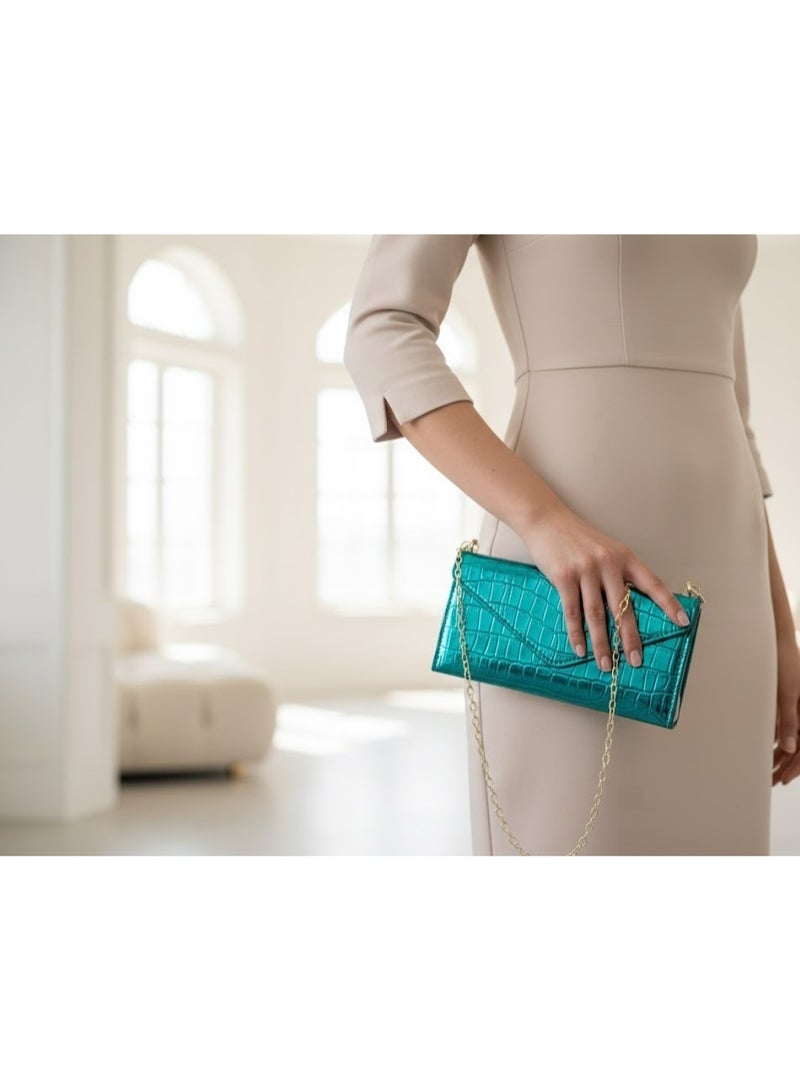 zoba Small women's handbag and shoulder bag with a luxurious gold chain - elegant design with a crocodile leather pattern - multiple pockets for cards and money with an internal zipper - high-quality material - ideal for daily use, occasions and evenings (turquoise) - Image 3