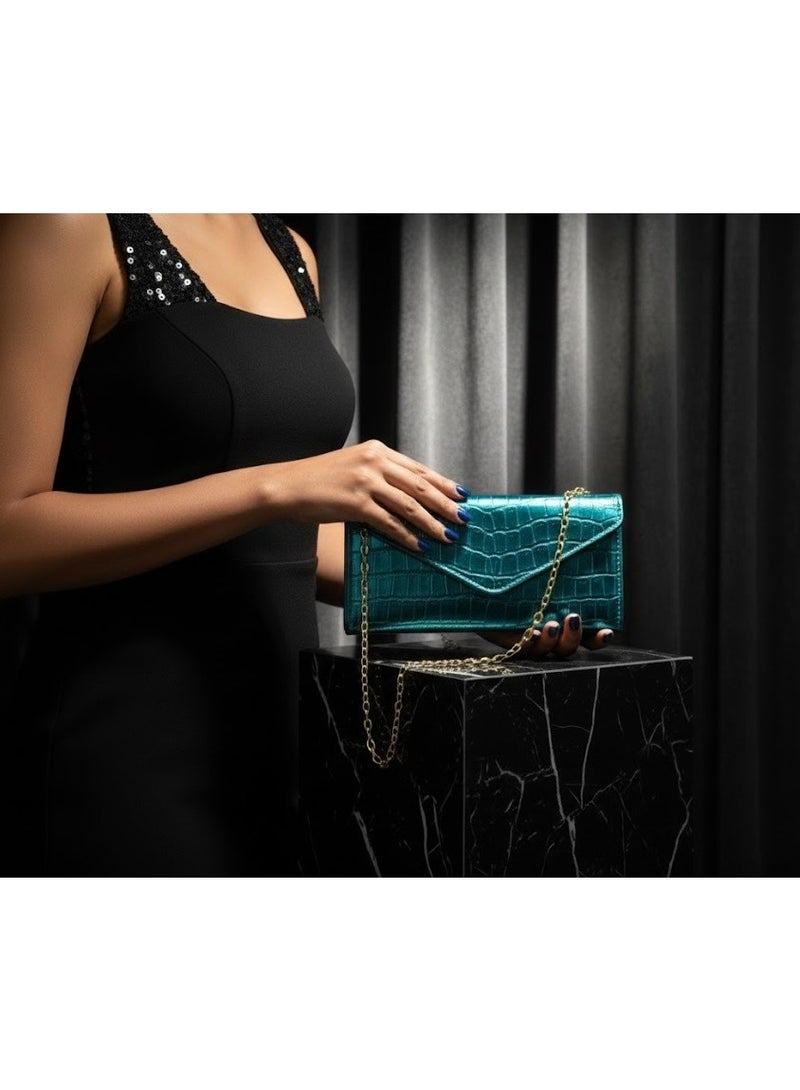 zoba Small women's handbag and shoulder bag with a luxurious gold chain - elegant design with a crocodile leather pattern - multiple pockets for cards and money with an internal zipper - high-quality material - ideal for daily use, occasions and evenings (turquoise) - Image 5
