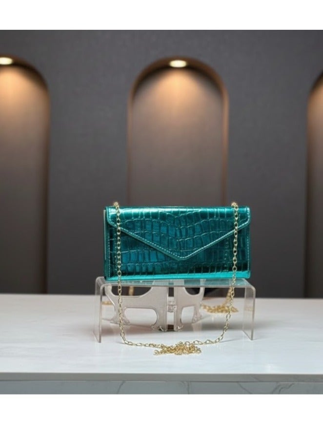 zoba Small women's handbag and shoulder bag with a luxurious gold chain - elegant design with a crocodile leather pattern - multiple pockets for cards and money with an internal zipper - high-quality material - ideal for daily use, occasions and evenings (turquoise) - Image 1
