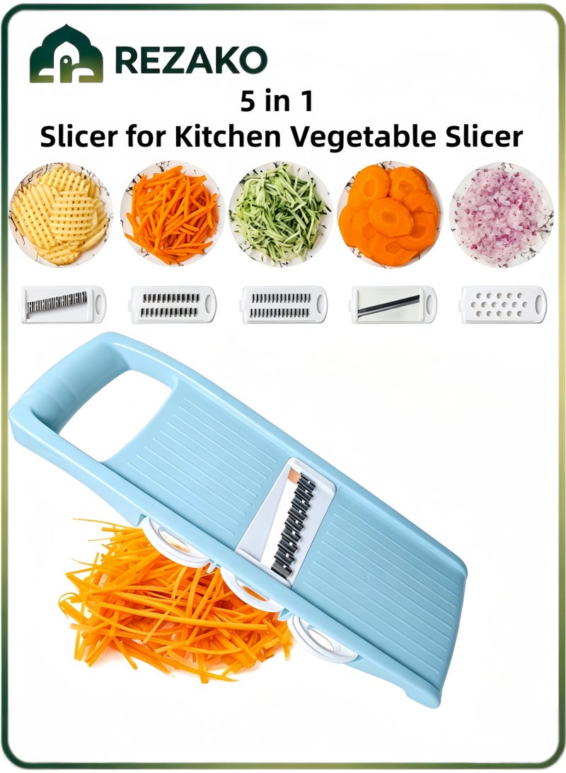 REZAKO 5 in 1 Slicer for Kitchen Vegetable Slicer, Potato Cutter, Vegetables Cutter,Multi Blade Potato Chip Slicer Veggie Slicer Julienne Shredder Vegetable peeler For Small Job In Kitchen Blue - Image 1