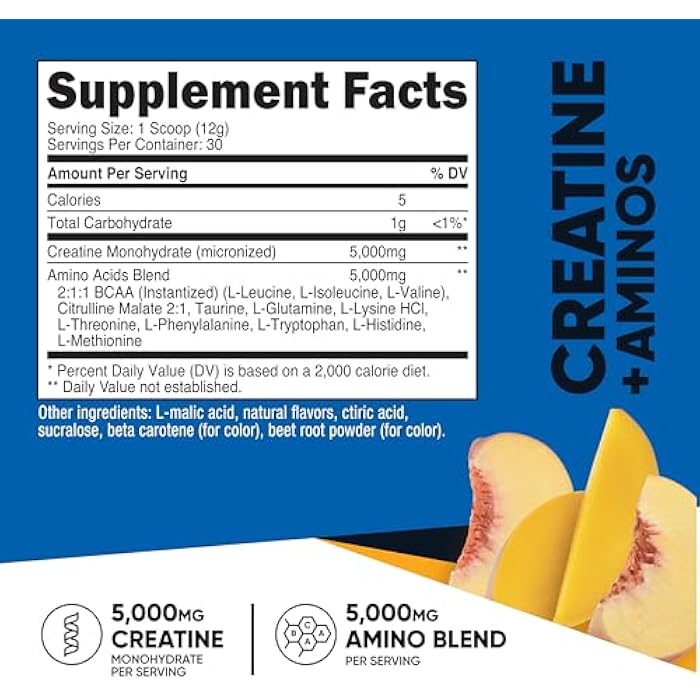 Nutricost Creatine + Aminos 30 Servings (Peach Mango Flavored) - 5,000mg Creatine Monohydrate + 5000mg Amino BCAA Blend Per Serving - Image 2