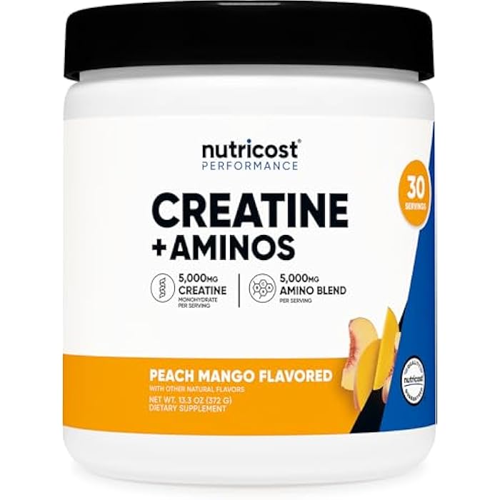 Nutricost Creatine + Aminos 30 Servings (Peach Mango Flavored) - 5,000mg Creatine Monohydrate + 5000mg Amino BCAA Blend Per Serving - Image 1