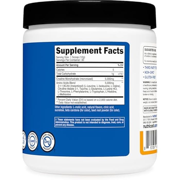 Nutricost Creatine + Aminos 30 Servings (Peach Mango Flavored) - 5,000mg Creatine Monohydrate + 5000mg Amino BCAA Blend Per Serving - Image 4