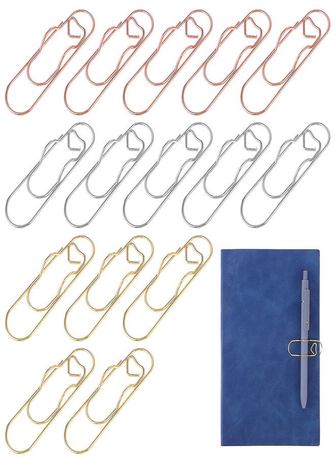 Quilax 15Pack Heart Paper Clips, Paperclip Pen Holder for Notebooks and Notepads and Office Supplies (Gold, Silver, Rose Gold) - Image 1