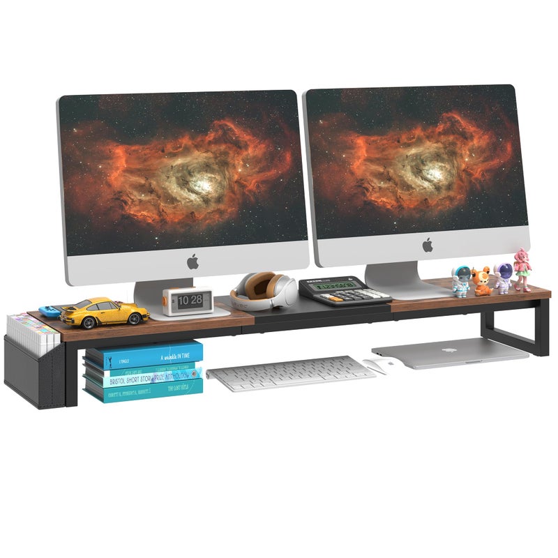 LANDÂ·VOI Dual Monitor Stand Riser,41.5'' Long Monitor Stand for 2 Monitors, Wood Computer Riser with Pocket, Desktop Oraganizer with Pen Holder, Monitor Riser for Desk Computer,Laptop,TV, Rustic Brown - Image 1