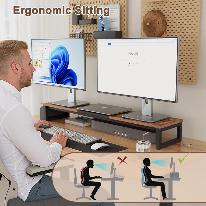 LANDÂ·VOI Dual Monitor Stand Riser,41.5'' Long Monitor Stand for 2 Monitors, Wood Computer Riser with Pocket, Desktop Oraganizer with Pen Holder, Monitor Riser for Desk Computer,Laptop,TV, Rustic Brown - Image 5